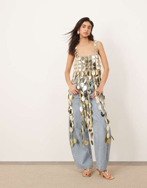 ARRANGE futurist sequin crop top with long 3D fringe hem in gold, 3 of 4