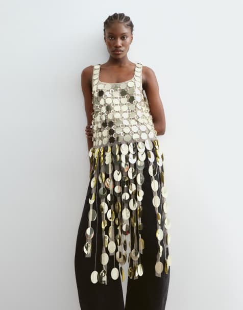 ARRANGE futurist sequin crop top with long 3D fringe hem in gold - view 1
