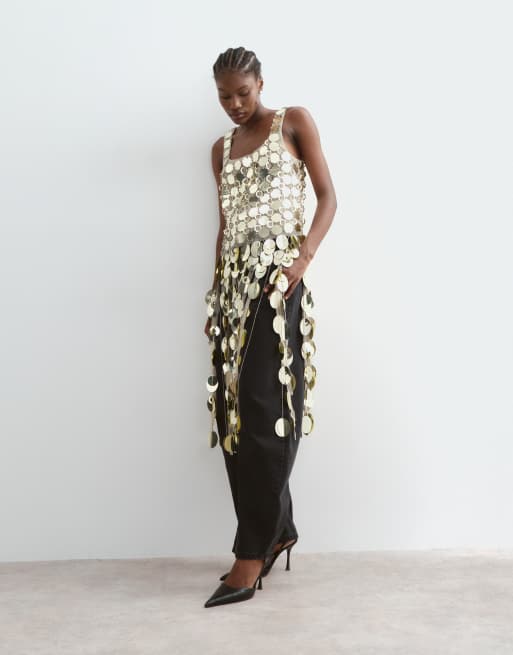 ARRANGE futurist sequin crop top with long 3D fringe hem in gold, 2 of 5
