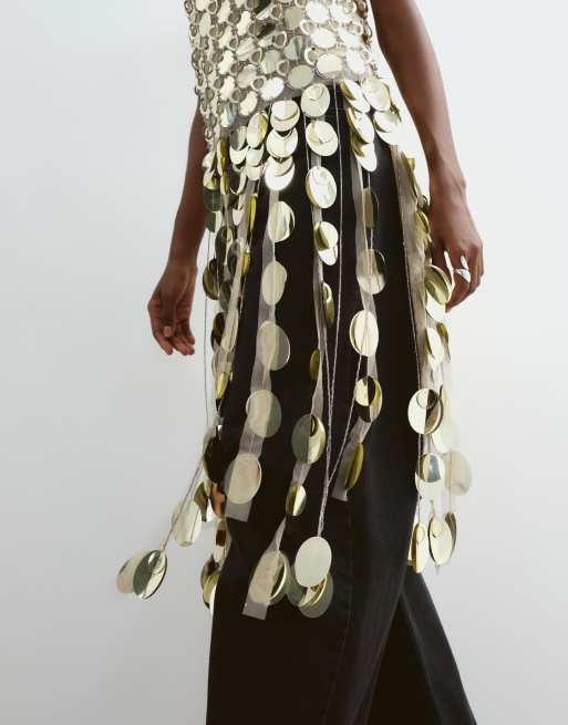 ARRANGE futurist sequin crop top with long 3D fringe hem in gold, 3 of 5