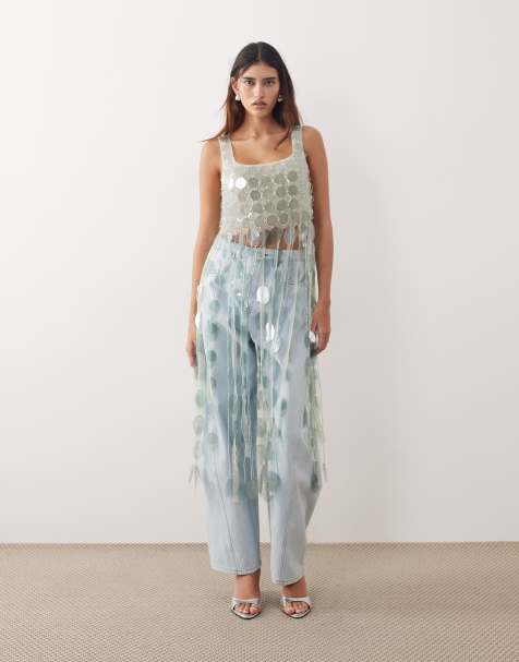 ARRANGE futurist sequin crop top with long 3D fringe hem in icy blue