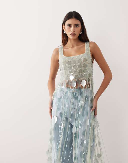 ARRANGE futurist sequin crop top with long 3D fringe hem in icy blue, 2 of 4