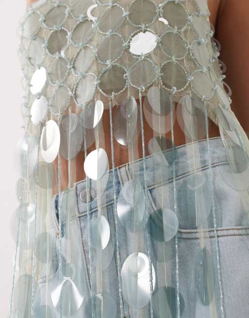 ARRANGE futurist sequin crop top with long 3D fringe hem in icy blue, 3 of 4
