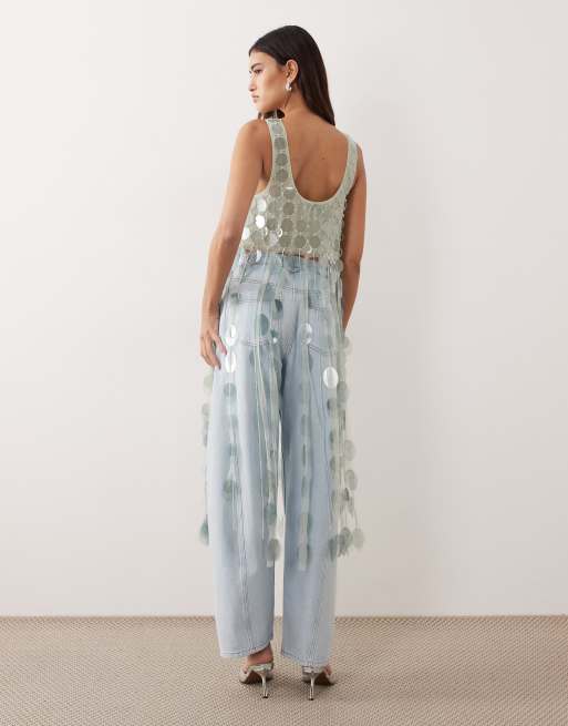 ARRANGE futurist sequin crop top with long 3D fringe hem in icy blue, 4 of 4