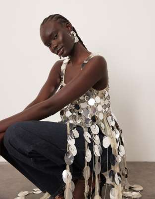 ARRANGE futurist sequin crop top with long 3D fringe hem in silver