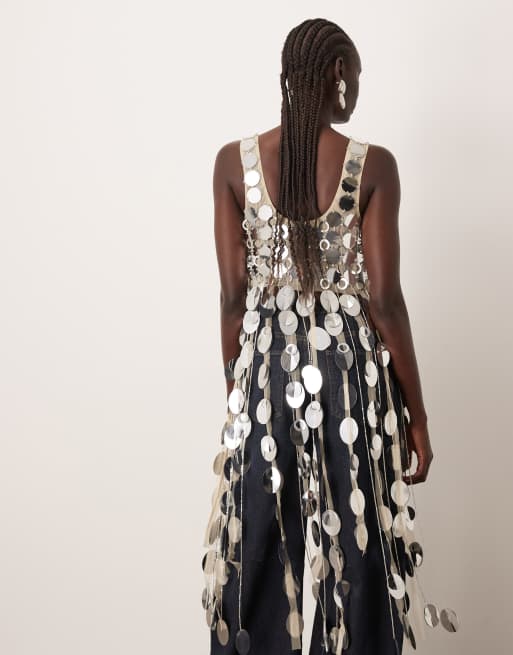 ARRANGE futurist sequin crop top with long 3D fringe hem in silver, 4 of 4