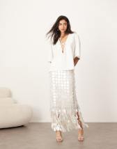 ARRANGE fringe embellished minimal column midaxi dress in black and white print