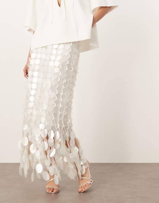 ARRANGE futurist sequin embellished fringe hem midi skirt in white, 3 of 5