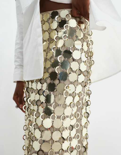 ARRANGE futurist sequin fringe hem midi skirt in gold, 2 of 5