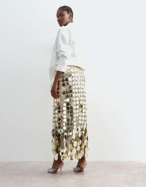 ARRANGE futurist sequin fringe hem midi skirt in gold, 3 of 5