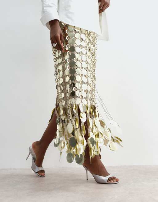 ARRANGE futurist sequin fringe hem midi skirt in gold, 4 of 5