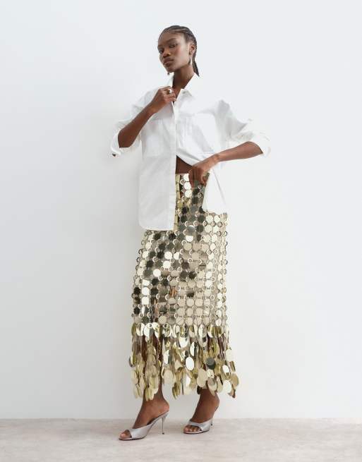 ARRANGE futurist sequin fringe hem midi skirt in gold, 5 of 5