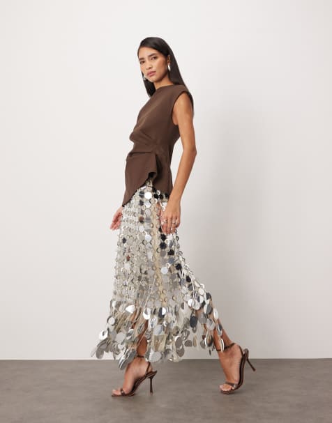 ARRANGE futurist sequin fringe hem midi skirt in silver