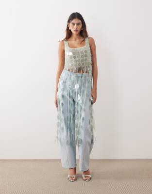 Arrange Futurist Sequin Crop Top With Long 3d Fringe Hem In Gray