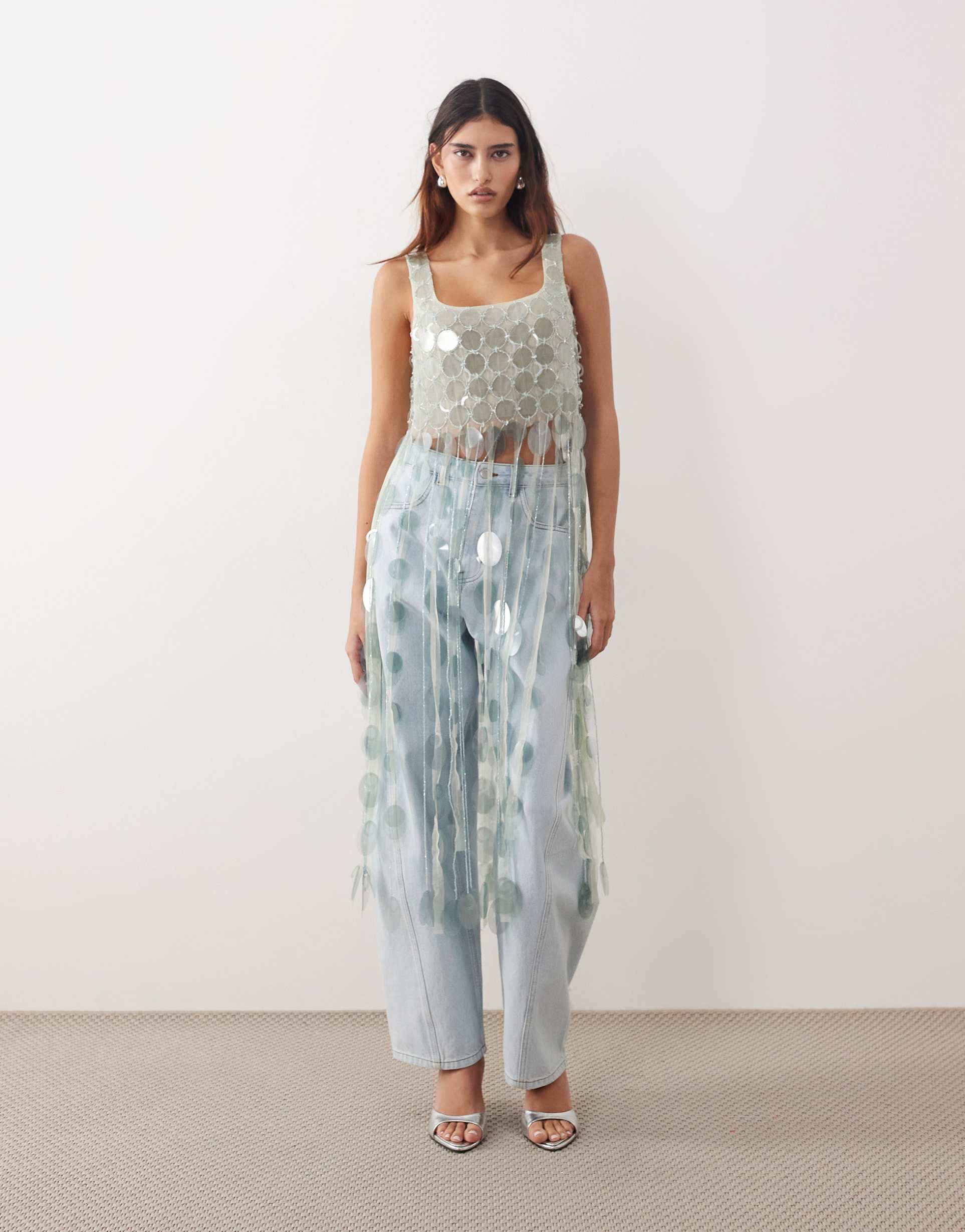arrange futurist sequined crop top with long 3d fringe hem in icy blue