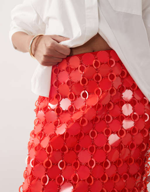 ARRANGE futurist sequined fringe hem midi skirt in tomato, 3 of 5