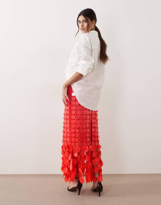 ARRANGE futurist sequined fringe hem midi skirt in tomato, 4 of 5
