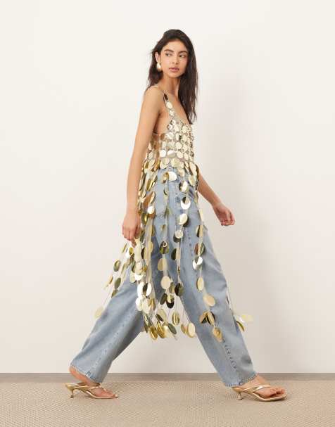 ARRANGE - Futuristische crop top met lovertjes en lange 3D-zoom met franjes in goud - view 1