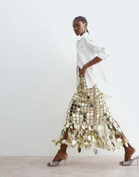 ARRANGE futuristische midi-rok met lovertjes en franjezoom in goud - view 1