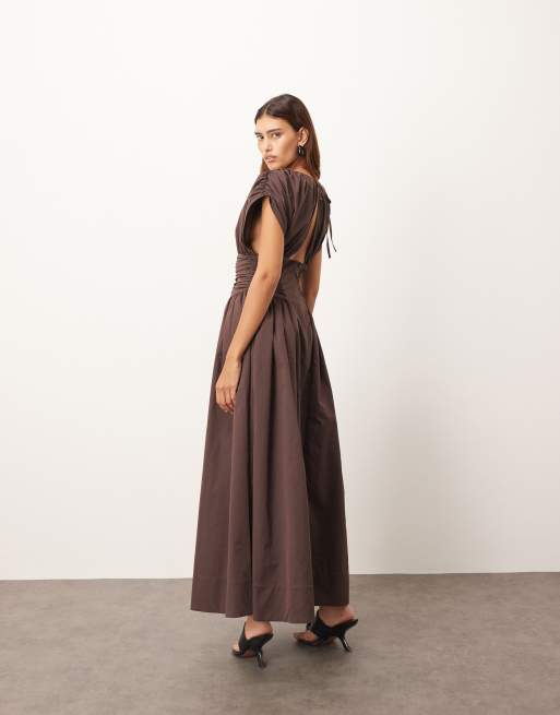 ARRANGE gathered cinched full skirt maxi dress in chocolate