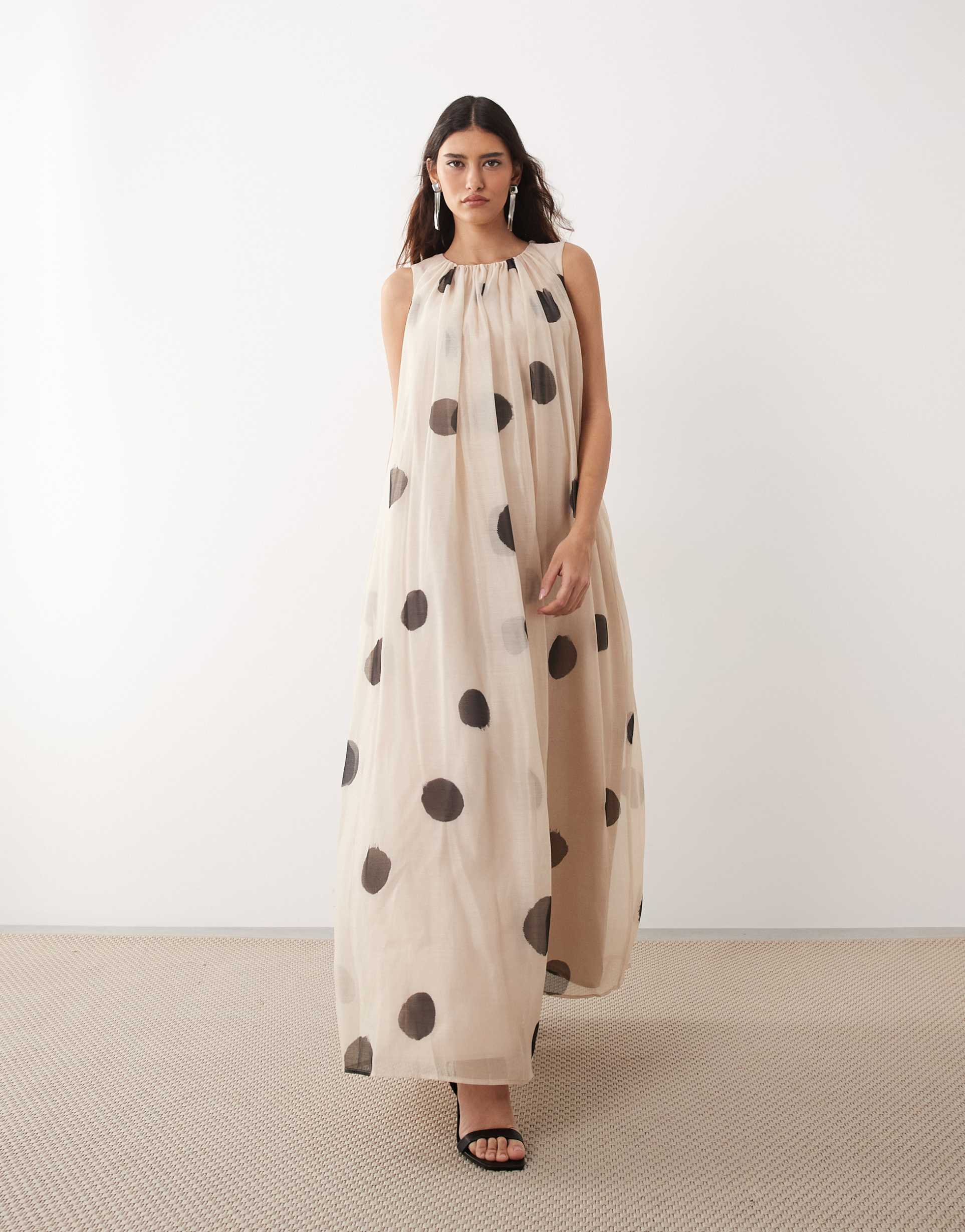 arrange gathered drape maxi dress in mono spot print