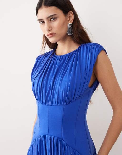 ARRANGE gathered drape maxi dress with cinched waist in blue, 4 of 4