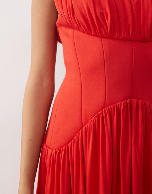 ARRANGE gathered drape maxi dress with cinched waist in red, 3 of 4