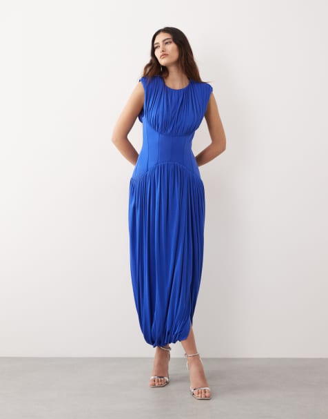 ARRANGE gathered draped maxi dress with cinched waist in blue - view 1