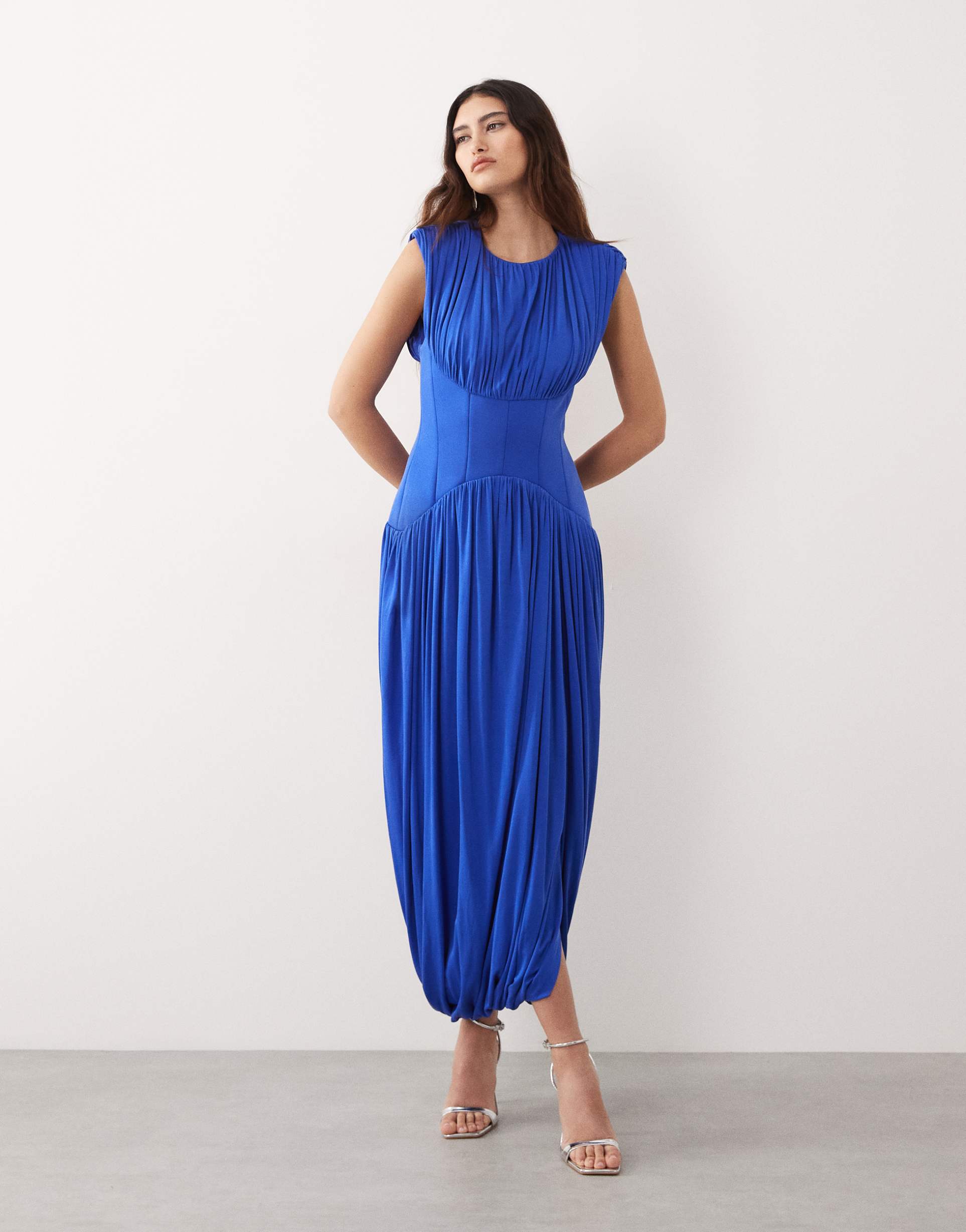arrange gathered draped maxi dress with cinched waist in blue