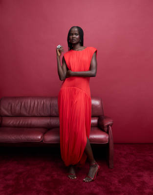 Arrange Gathered Draped Maxi Dress With Cinched Waist In Red