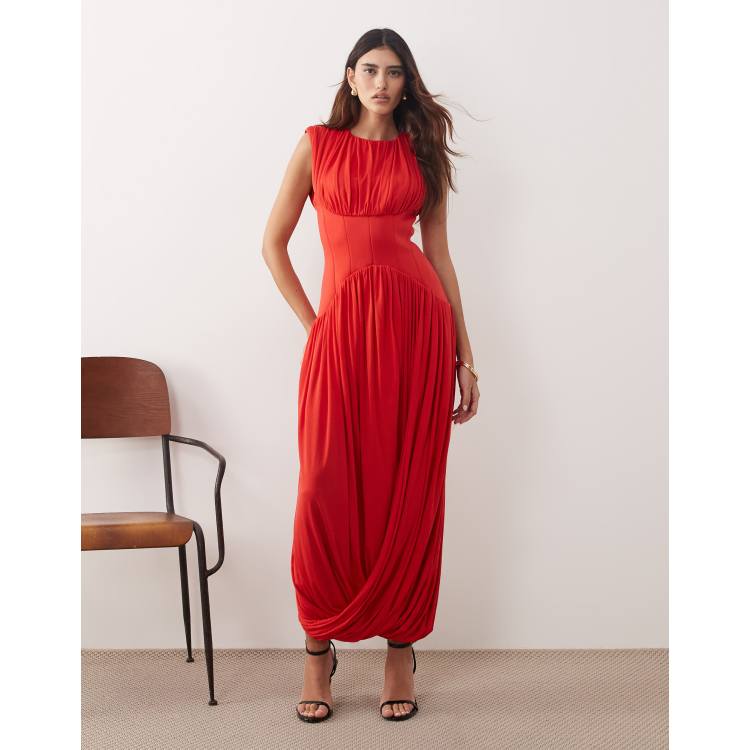 knee length dresses for ladies Puff Sleeve Maxi Dress in Red main image 1
