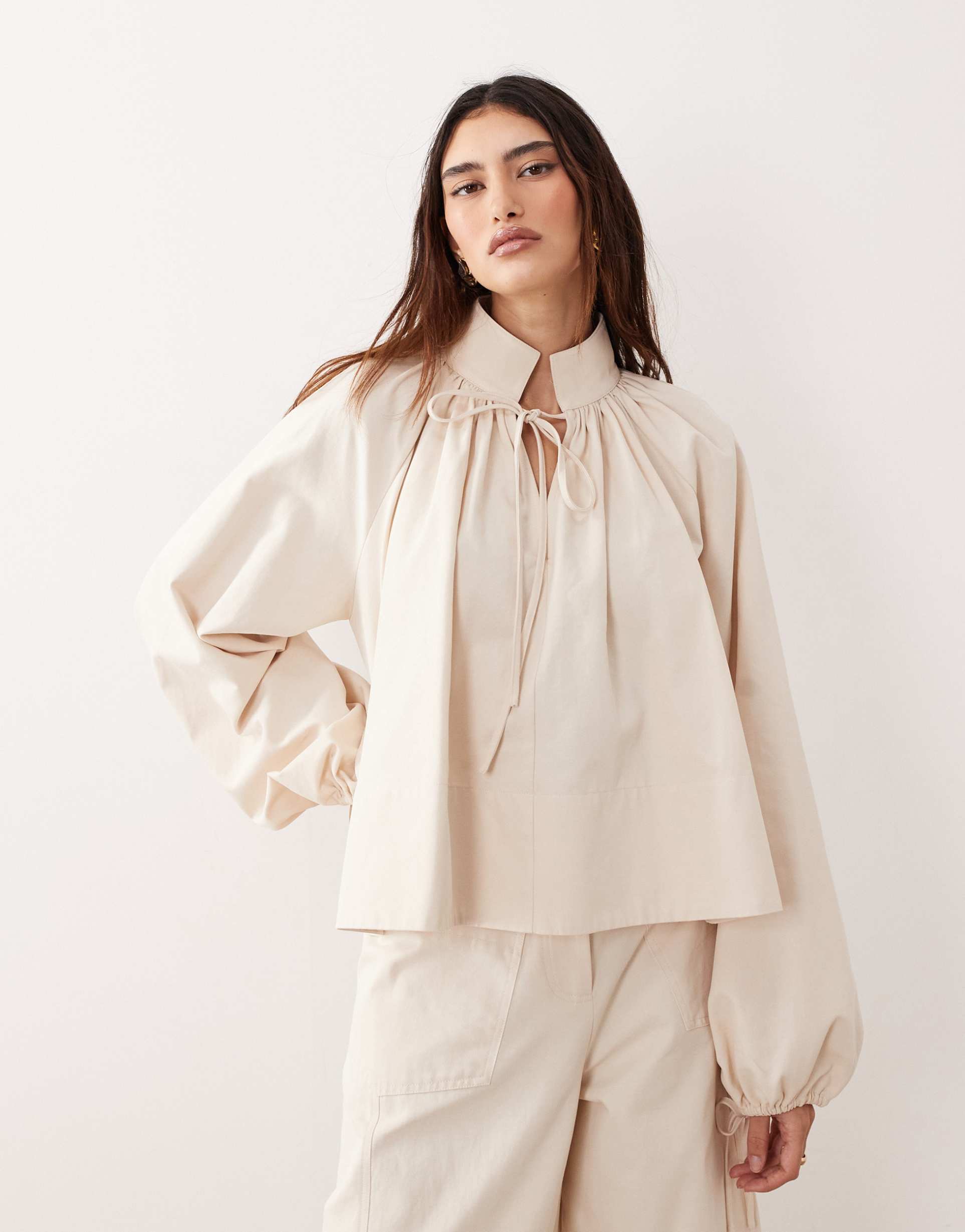 arrange gathered neck balloon sleeve top in stone - part of a set