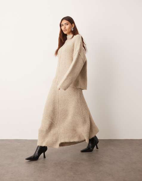 ARRANGE - Gebreide midi rok met zichtbare steeknaden in taupe, deel van co-ord set - view 1