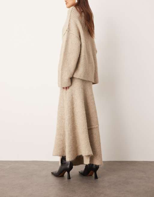 ARRANGE - Gebreide midi rok met zichtbare steeknaden in taupe, deel van co-ord set, 4 van 5