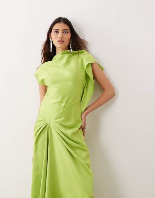 ARRANGE - Gedrapeerde maxi jurk met split op de schouder in limoengroen, 4 van 4