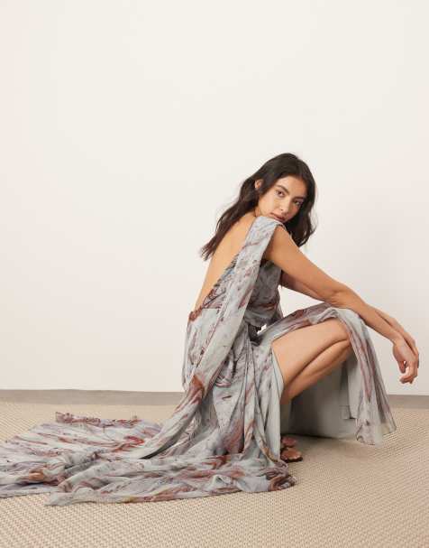 ARRANGE - Gedrapeerde maxi jurk van chiffon met sjaal detail in blauwe marmerprint - view 1