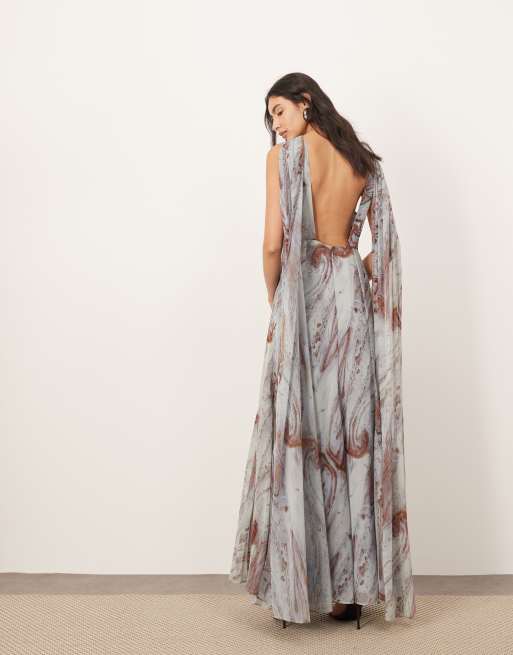 ARRANGE - Gedrapeerde maxi jurk van chiffon met sjaal detail in blauwe marmerprint, 2 van 4