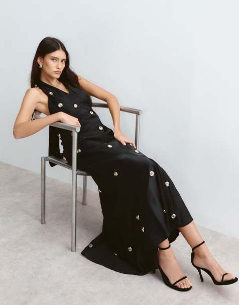 ARRANGE gemstone embellished open back halter maxi dress in black