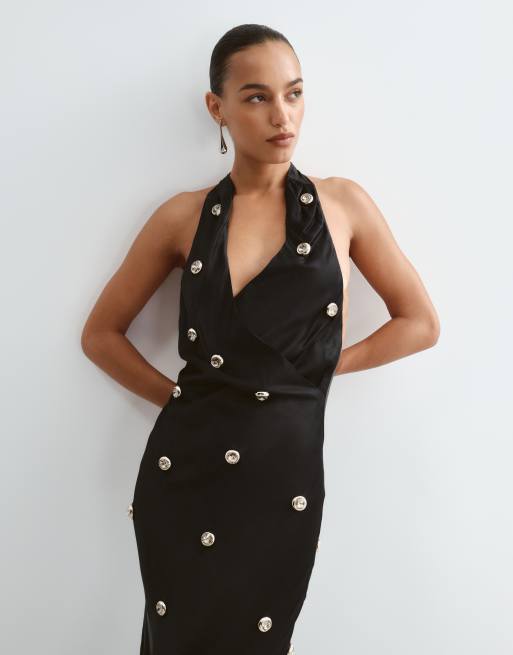 ARRANGE gemstone embellished open back halter maxi dress in black, 5 of 5