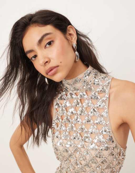 ARRANGE geo cut work embellished high neck column midaxi dress in silver