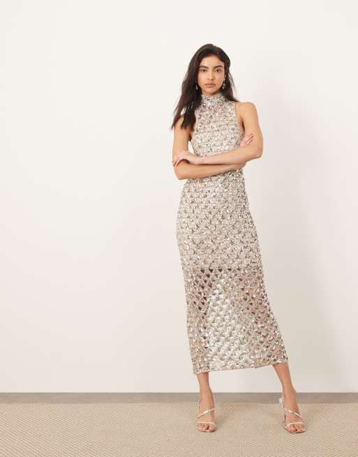 ARRANGE geo cutwork embellished high neck column maxi dress in silver, 2 of 4