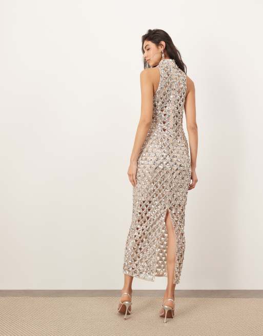 ARRANGE geo cutwork embellished high neck column maxi dress in silver, 3 of 4