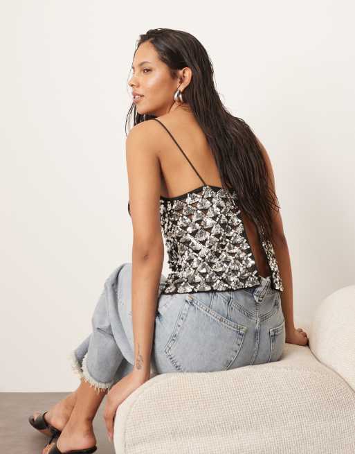 ARRANGE geo embellished cami top with binding detail in black