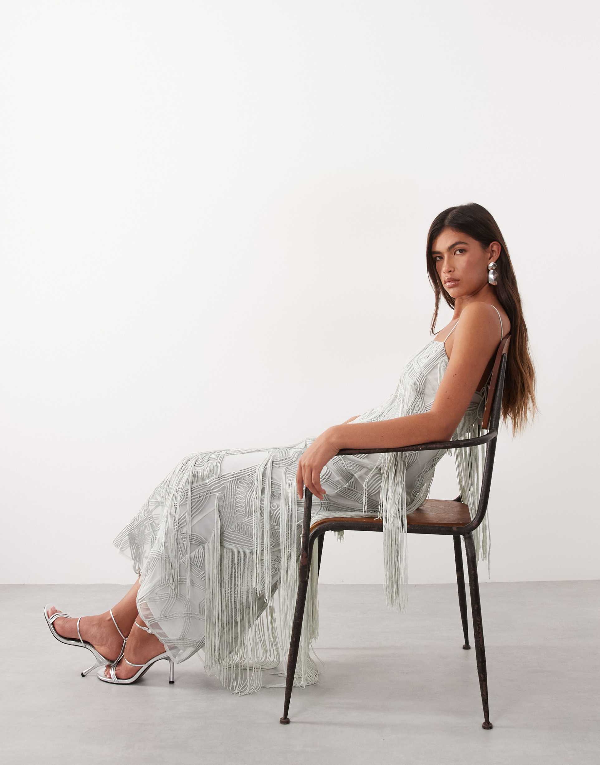 arrange geo fringe cami column maxi dress in dusky blue