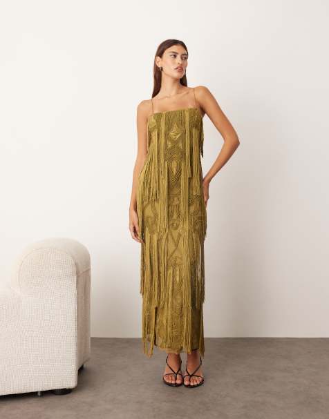 ARRANGE geo fringe cami column maxi dress in moss green - view 1