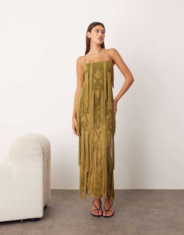 onyx and camel knit geo marie dress ARRANGE fringe cami column maxi in moss green accentuates your curves while