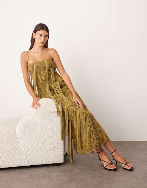 ARRANGE geo fringe cami column maxi dress in moss green