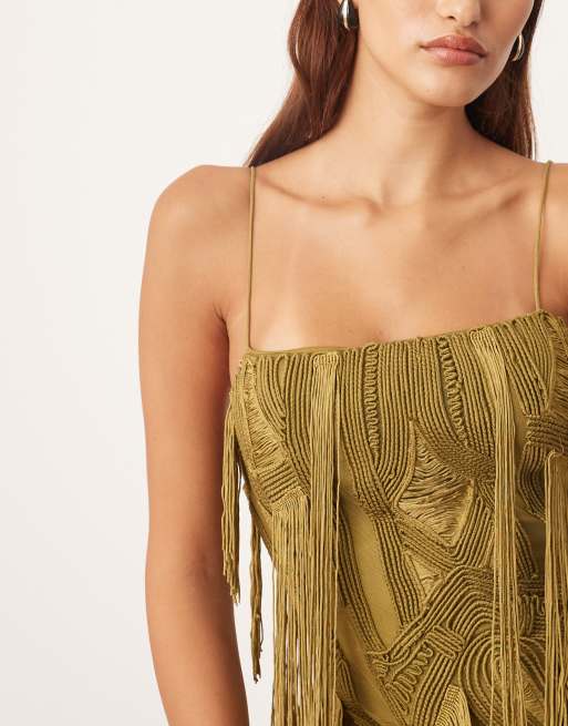 ARRANGE geo fringe cami column maxi dress in moss green