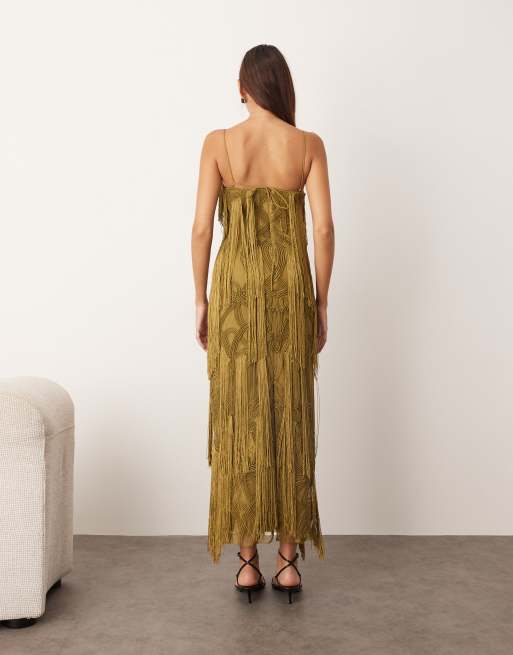 ARRANGE geo fringe cami column maxi dress in moss green