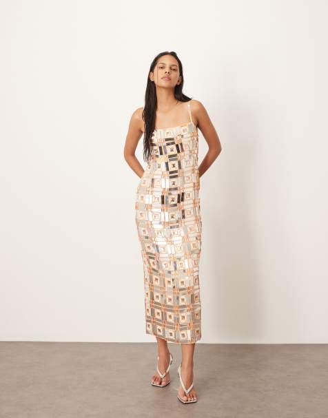 ARRANGE geo grid embellished cami column midi dress in orange - view 1